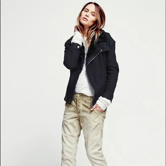 Free People Olive Wool Blend Utility Moto Motorcycle Military Bomber Jacket Coat - Picture 2 of 15